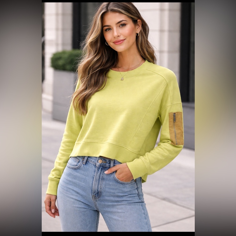 Lisa Bayne Lime Green Zip Sleeve Sweatshirt XS | Modern Minimalist Pullover